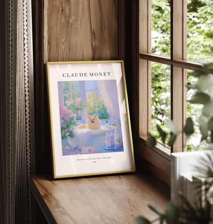 Framed Pomeranian dog in bath with blossoms, impressionist bathroom wall art print