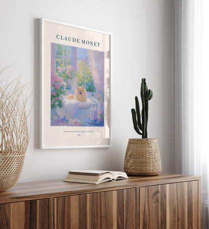 Fluffy Pomeranian soaking in tub among lilac flowers, framed bathroom art print