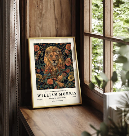 William Morris style lion and flowers framed art print poster