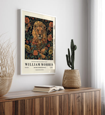 Majestic lion with botanical floral design framed art print