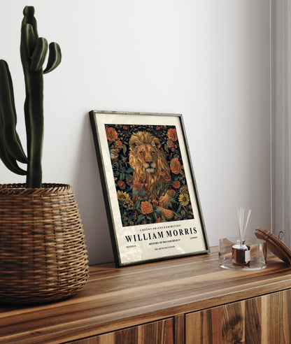 Framed lion and flowers art print in William Morris inspired design