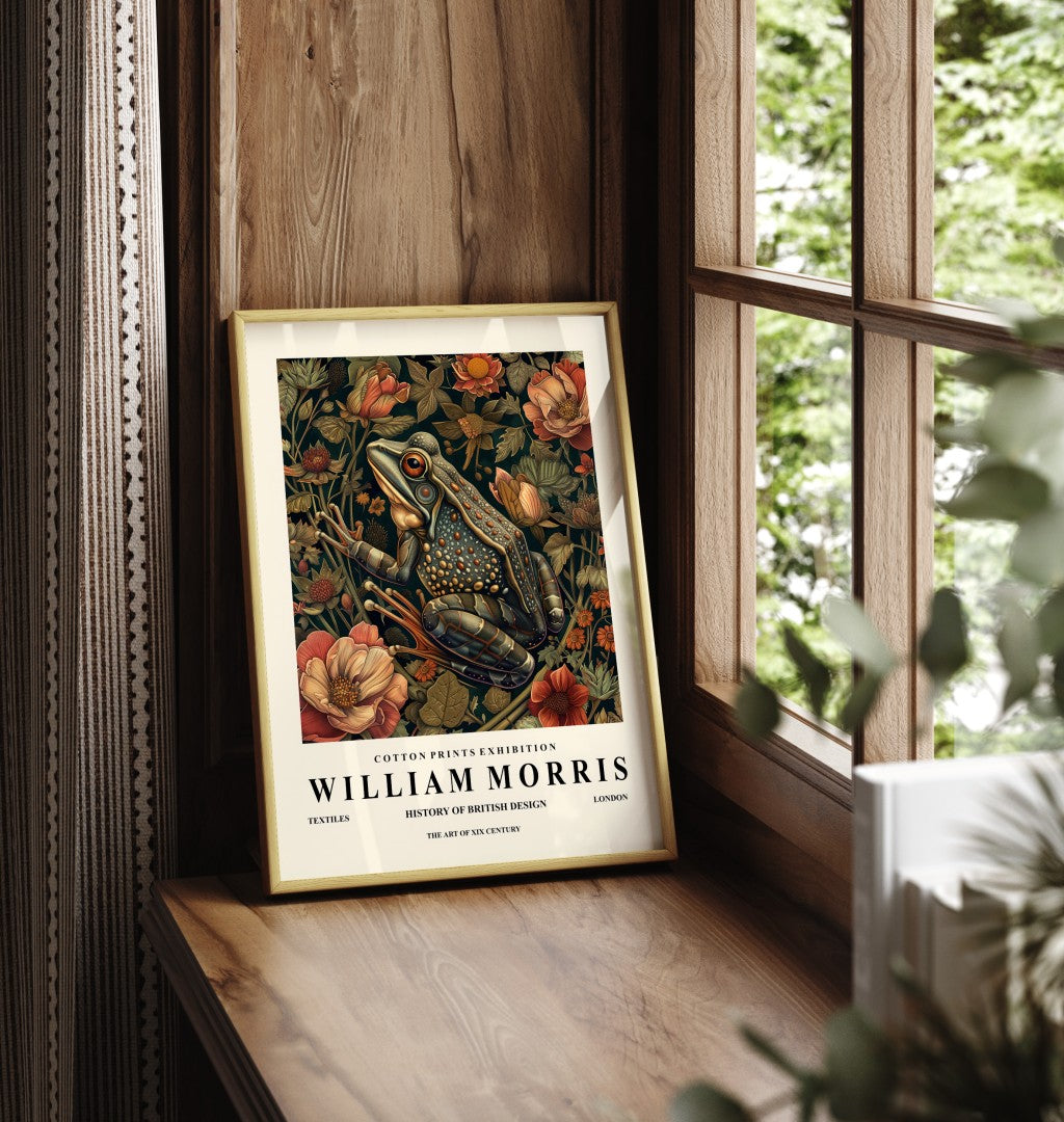 Framed frog and flowers art print inspired by William Morris design