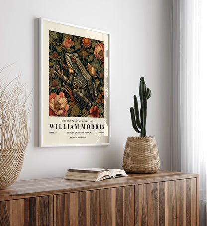 Botanical frog framed art print in William Morris style for wall decor