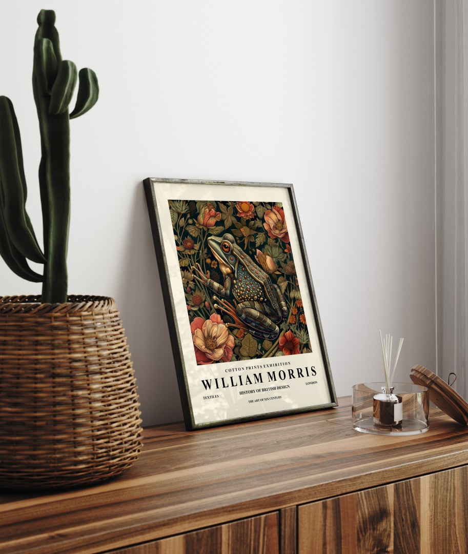 Detailed frog with floral background framed art print inspired by William Morris