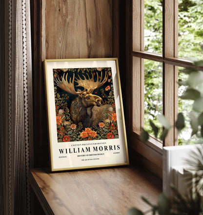 Framed moose and flowers art print in William Morris inspired design