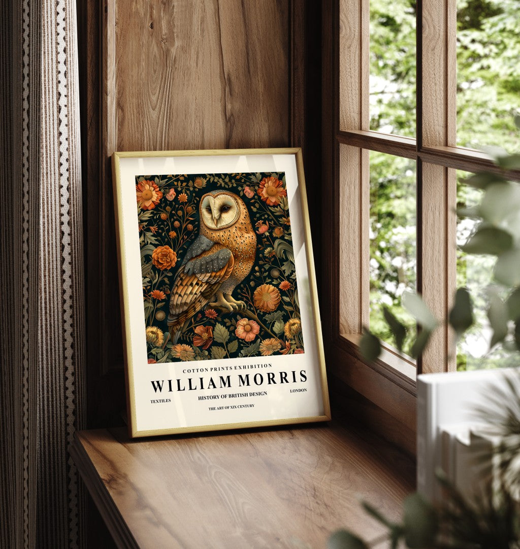 Framed barn owl art print in William Morris inspired style with floral design