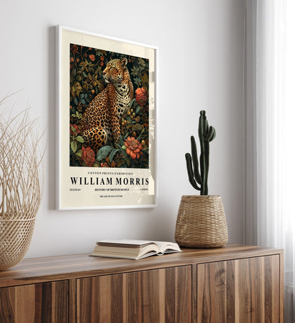 Wildlife leopard framed art print inspired by William Morris for wall decor