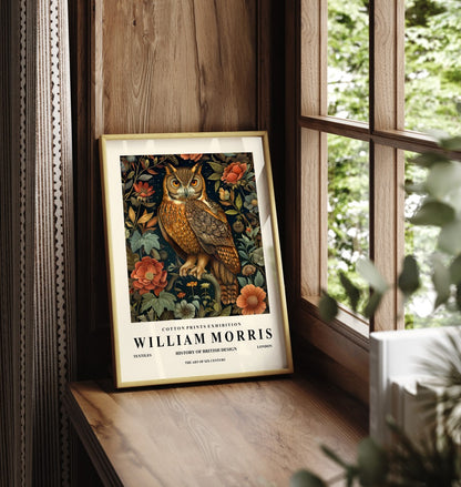 Framed horned owl art print inspired by William Morris with floral design