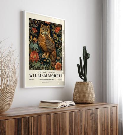 Wildlife horned owl framed art print in William Morris style for wall decor