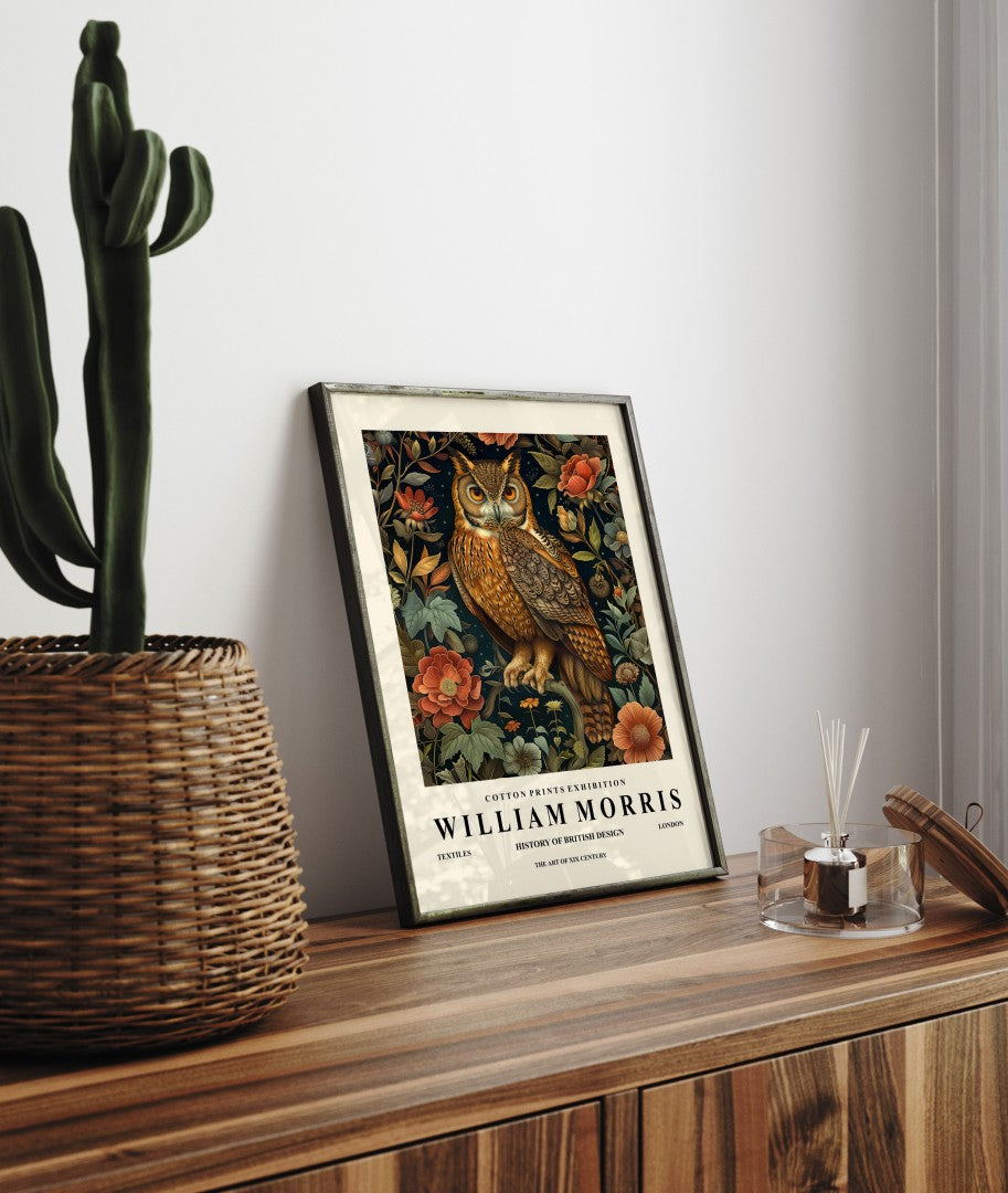 Detailed horned owl with ornate floral background framed art print inspired by William Morris
