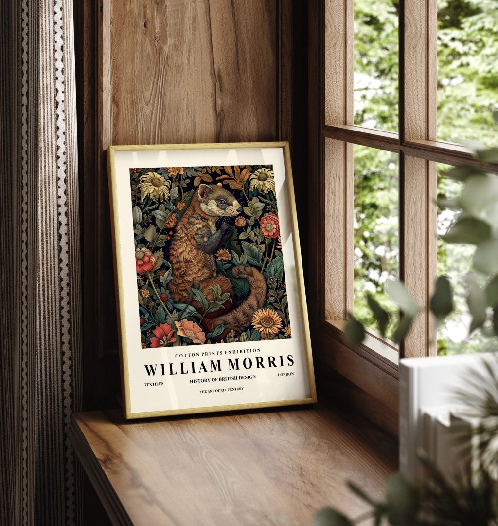 Framed ferret art print in William Morris style with ornate floral design