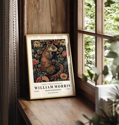 Framed ferret art print in William Morris style with ornate floral design