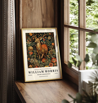 Framed deer art print in William Morris style with decorative floral design