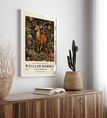 Elegant deer framed art print inspired by William Morris for wall decor