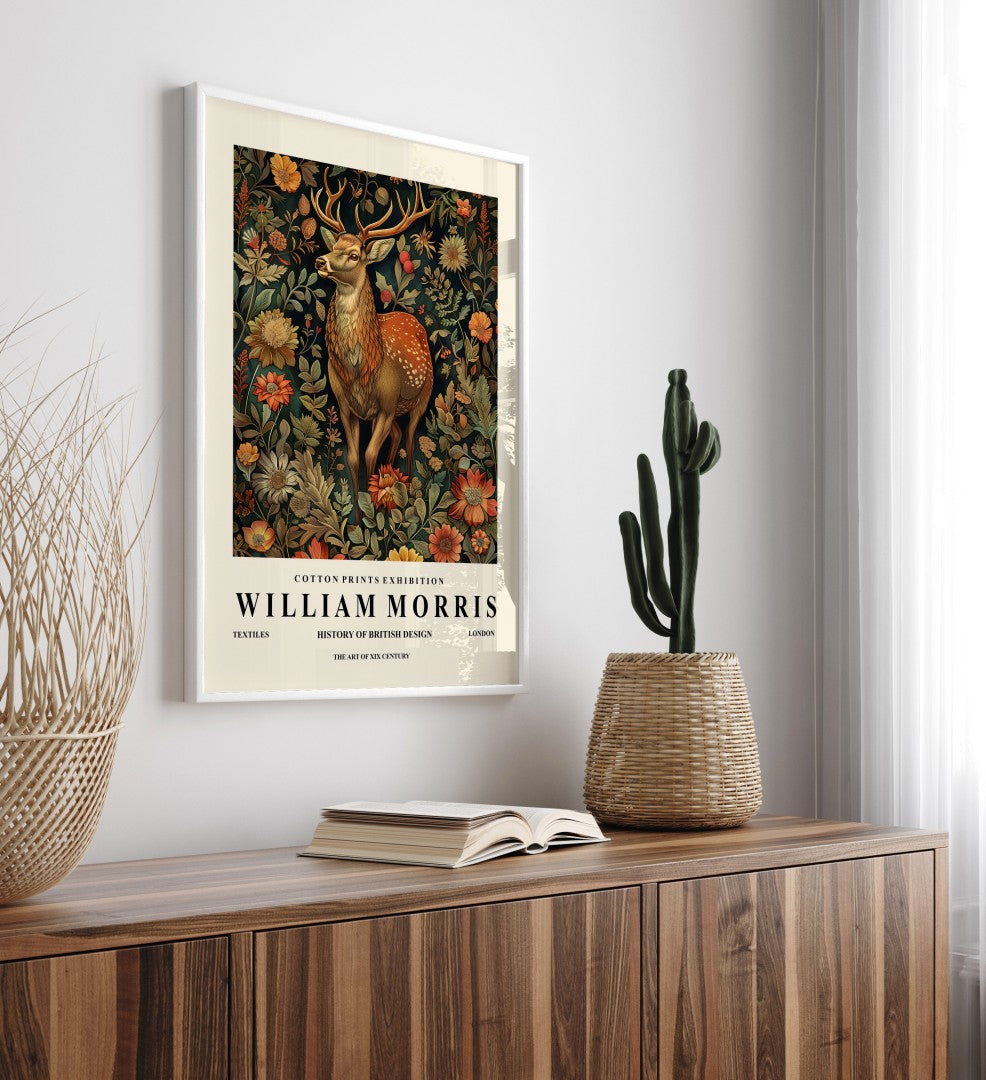 Elegant deer framed art print inspired by William Morris for wall decor