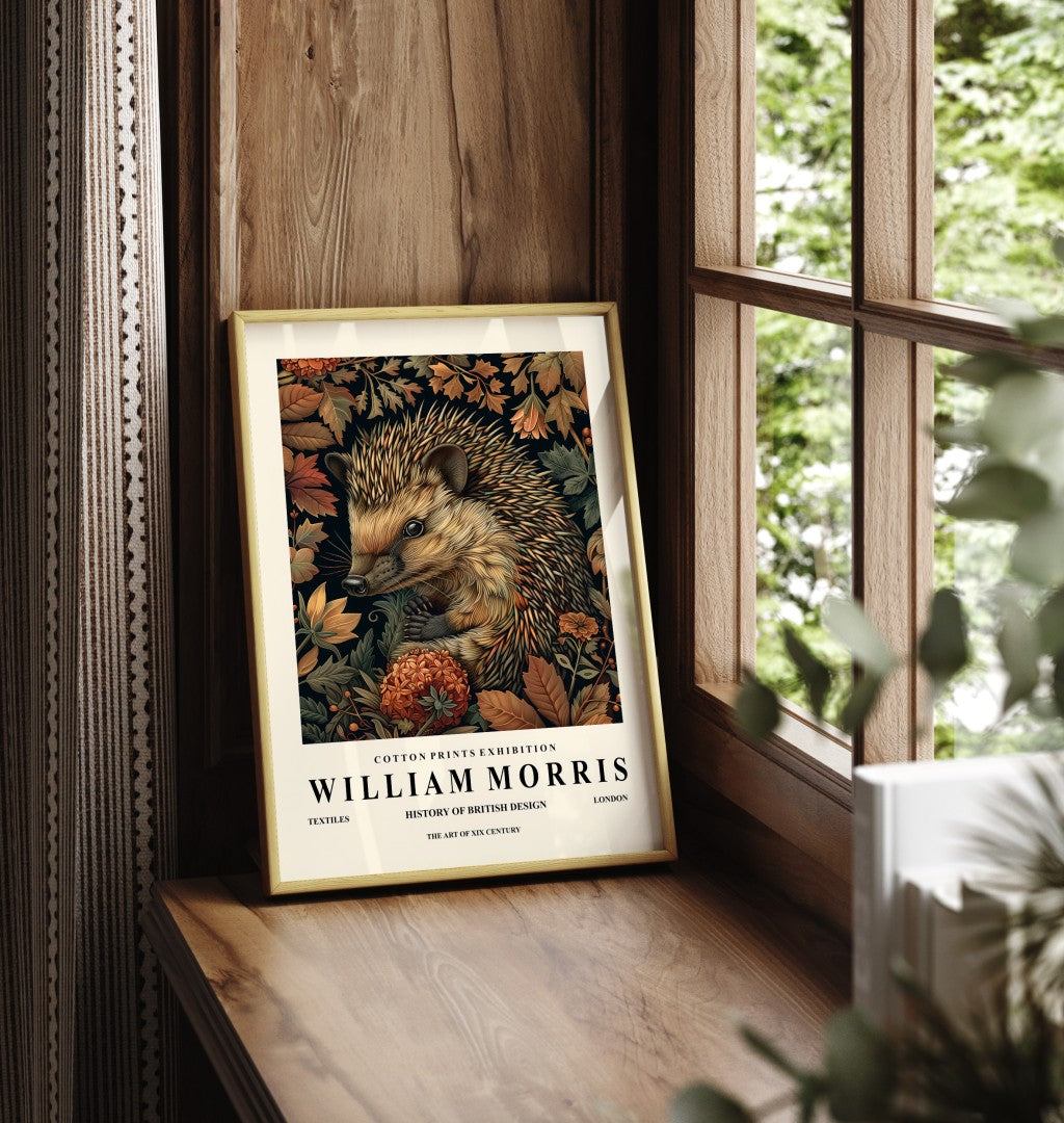 Framed hedgehog art print in William Morris style with decorative floral design