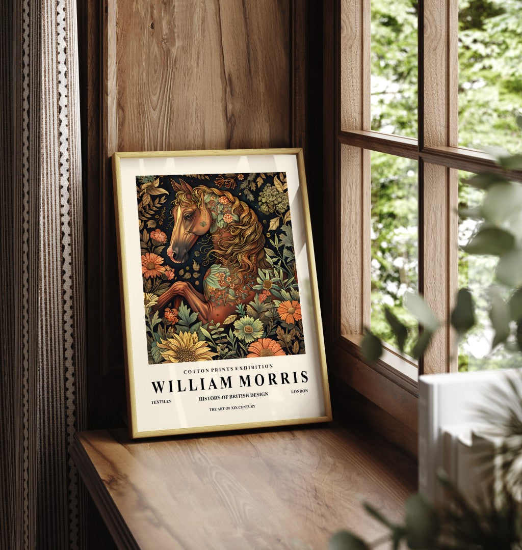 Framed horse art print inspired by William Morris with floral design