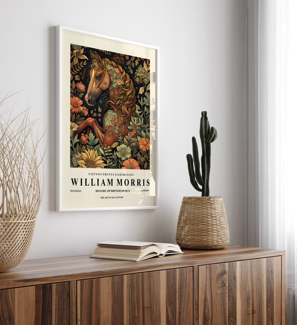 Elegant horse framed art print in William Morris style for wall decor