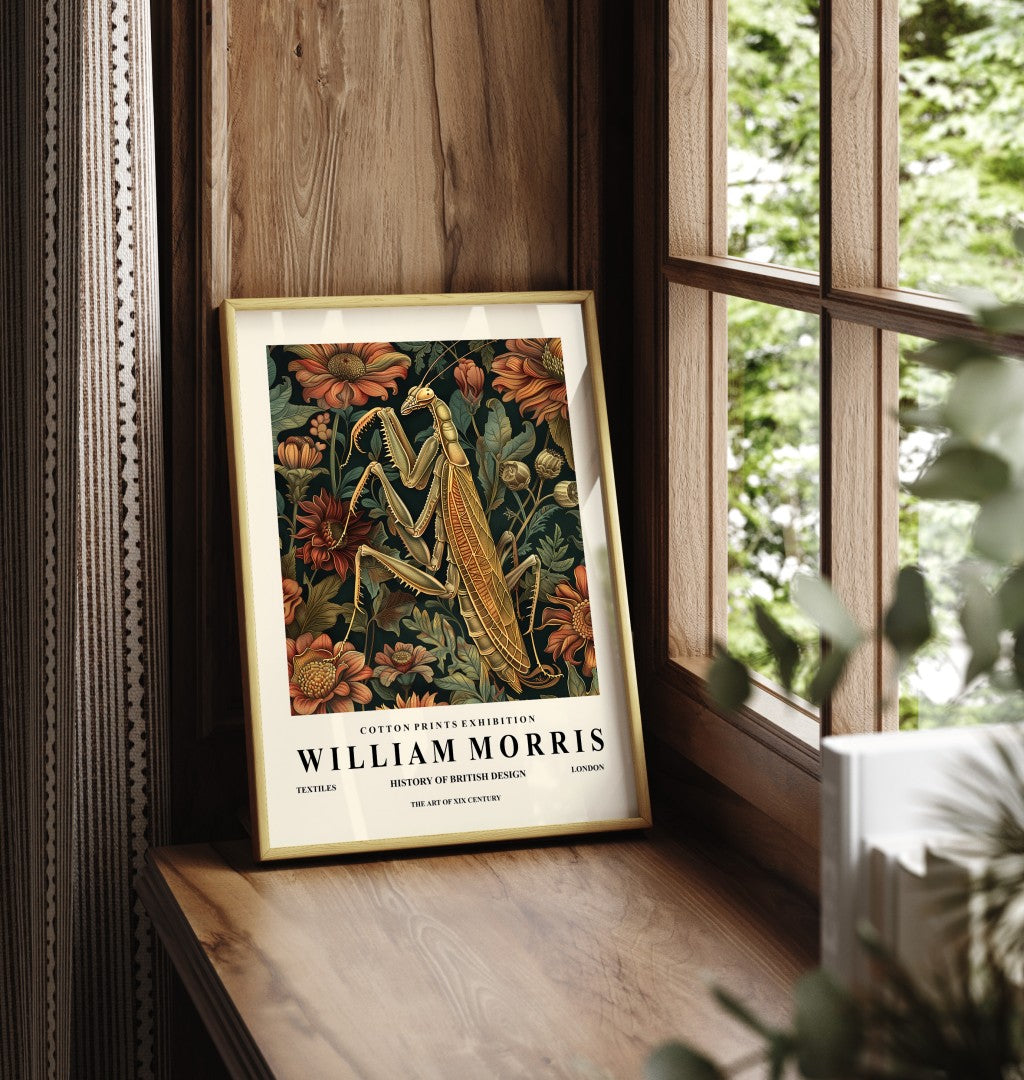Framed praying mantis art print in William Morris style with decorative floral design