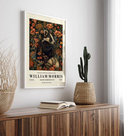 Woodland badger framed art print in William Morris style for wall decor