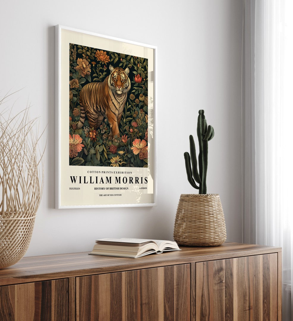 Majestic tiger framed art print inspired by William Morris for wall decor