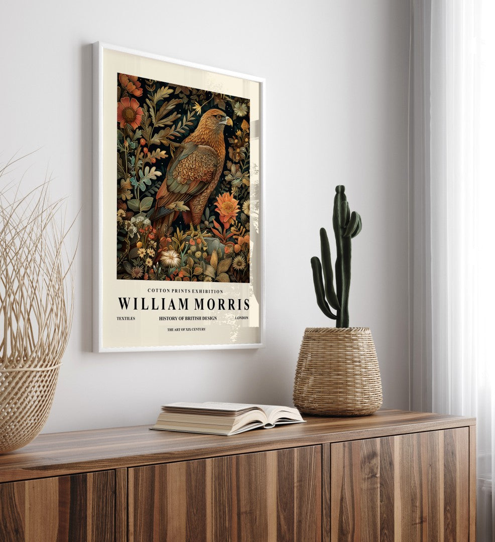 Majestic golden eagle framed art print in William Morris style for wall decor