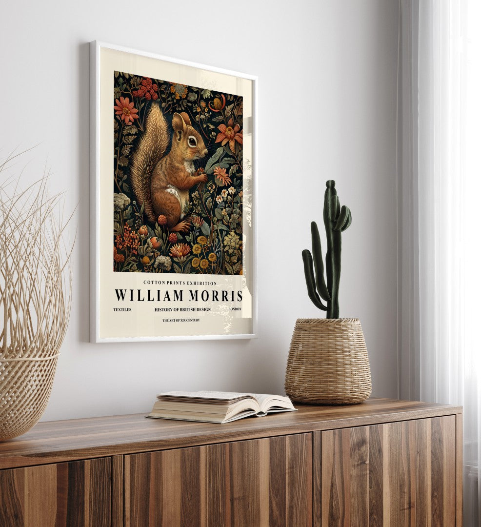 Woodland squirrel framed art print in William Morris style for wall decor